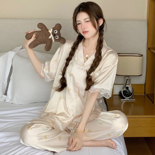 维多利亚的格调冰丝睡衣女可爱风小熊夏季新款感卡通短袖长裤家居服 套YFY9905# M 【建议80-100斤】