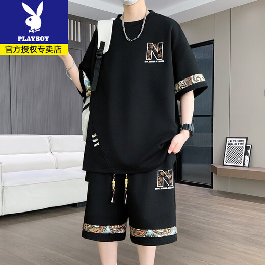 Playboy's new summer Chinese style fashion casual men's suit round neck short-sleeved T-shirt shorts two-piece set [short-sleeved suit] 6195 off-white XL (recommended 130-145Jin [Jin equals 0.5 kg])