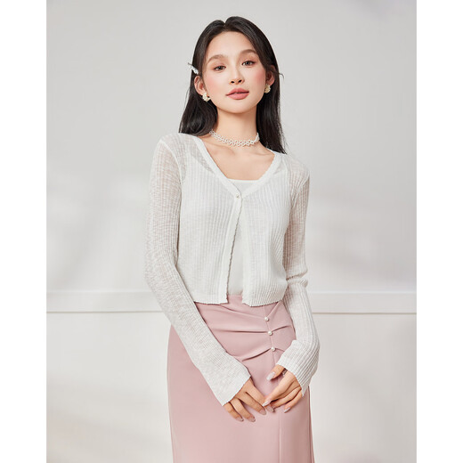 IEF/爱依服薄外套女2025春夏新款法式温柔气质通勤百搭短款毛织外披 白 M