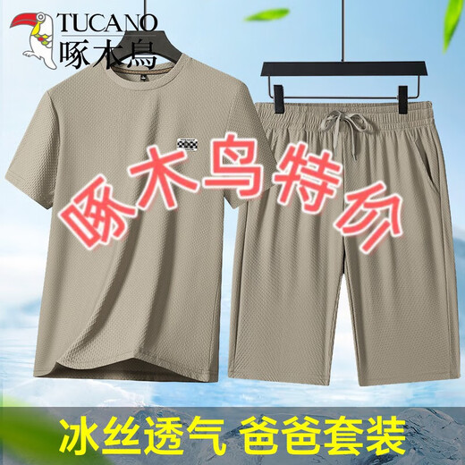 啄木鸟（TUCANO）爸爸休闲跑步套装男士2025年春季商务休闲凉感冰丝中年短袖短裤 N6198黑色套装 M