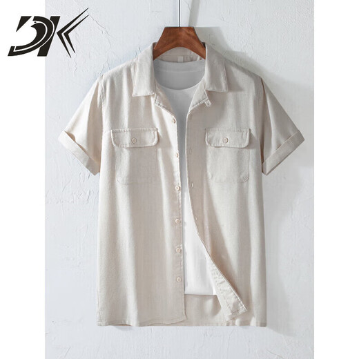 DK Light Luxury Herren-Leinen kurzärmeliges Hemd Herren Retro Revers Workwear atmungsaktiv dünner Sommer Baumwollwäsche vielseitiges Hemd weiß XL
