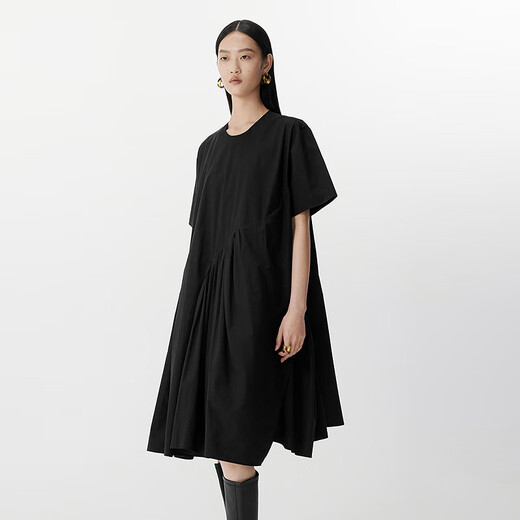 Jnby/Jiangnan Buyi 25 Sommer neues Kleid mit kurzen Ärmeln losen runden Hals elegant und flexibel 5P4G13790 001/This Black S