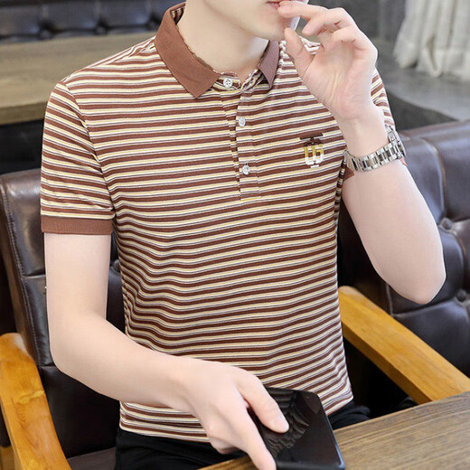 Camisa de manga corta Xcfreht Camiseta delgada de algodón puro a rayas de algodón para hombres con una solapa de manga de manga tostada Y6626 Khaki M 80-105 Jin [Jin equivale a 0.5 kg]