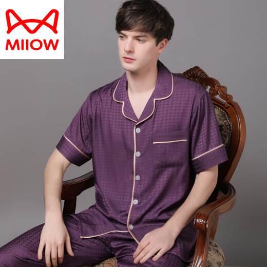 猫人（MiiOW）真丝睡衣男士2025年新款夏季薄款短袖长裤丝绸感大码套装 大气黑6223 L (115-140斤)