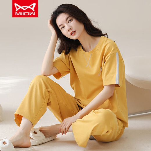猫人（MiiOW）睡衣女春夏季短袖长裤纯棉韩版学生夏天可外穿纯棉家居服套装 YZT9719 棉短长 M （80-斤）