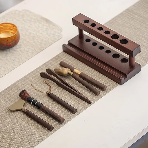 Tea Ceremony Six Gentlemen Set Tea Set Accessories High-end Tea Table Kung Fu Tea Brewing Tools and Supplies Complete Tea Table Ornaments Wooden Tea Ceremony Stand + Six Gentlemen + Tea Towel + Scissors