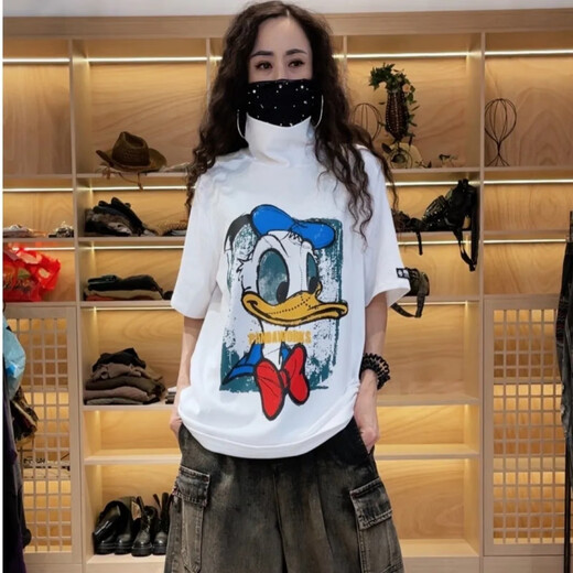 猫容2025新款卡通印花短袖T恤女设计感半袖体恤上衣服 黑色【纯棉R字母】_1283# L _合适80-105斤