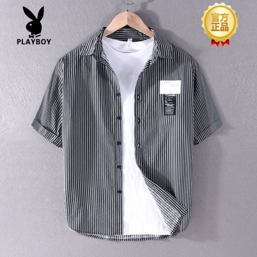花花公子（PLAYBOY）条纹衬衫男士短袖夏季薄款日系复古纯棉免烫韩版休闲半袖贴标衬衣 9740蓝色 M 【适合体重110-125斤】
