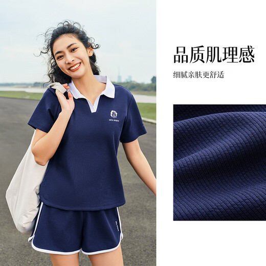 Anta [Gleicher Stil wie Zhang Yufei] Lapel-Freizeitanzug für das Kurzärärmel-T-Shirt-Shorts für Frauen im Sommer College zweiteiliger Sportswear Maya Blue-2 S