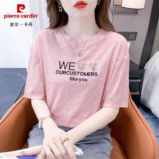 皮尔卡丹（pierre cardin）短袖t恤女夏季新款欧货宽松休闲百搭时尚外穿烫金设计感上衣 6227#白色 S 建议80-99斤