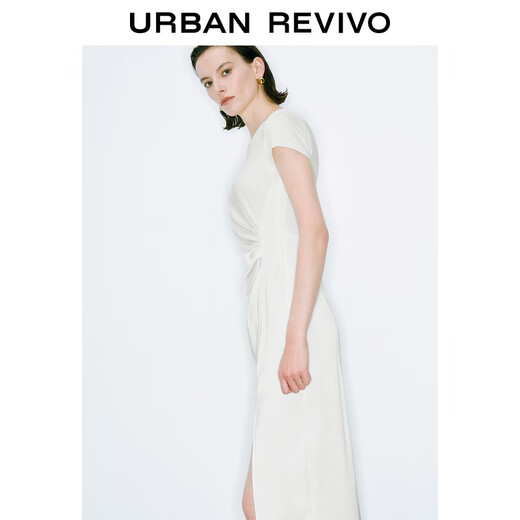 UR [heiß] 2025 Sommer Neues Frauen mit kurzärärmernem Kleid von Falten geschlitzt UWM750078 Elfenbeinweiß S