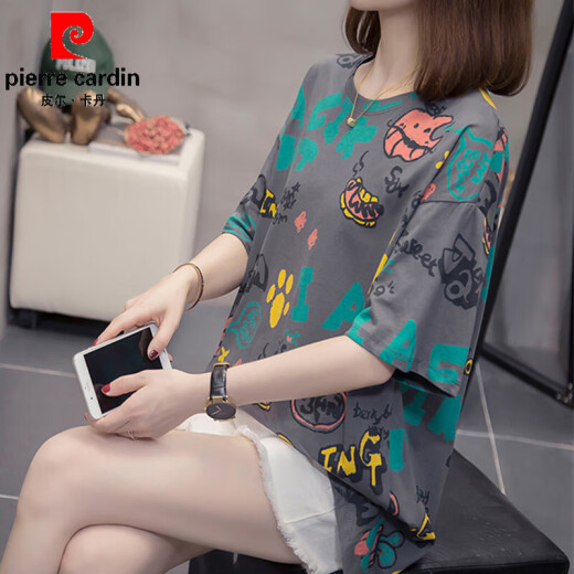 皮尔卡丹（pierre cardin）加大码胖mm夏装新款纯·棉短袖t恤女韩版胖妹妹百搭显瘦遮肚子上 9928灰色 M 80-95斤