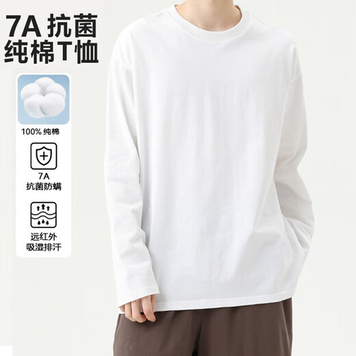 7A Antibacterial 100% Cotton Basic Bottoming Shirt Long Sleeve T-shirt Men's Casual Inner Versatile T-shirt for Men and Women White 2XL Recommended 140-155Jin Jin is equal to 0.5 kg