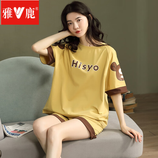 雅鹿睡衣女夏运动可爱韩版学生短袖薄款宽松两件套装春秋家居服可外穿 米白色 GXT6636图色 3XL (建议145-155斤)