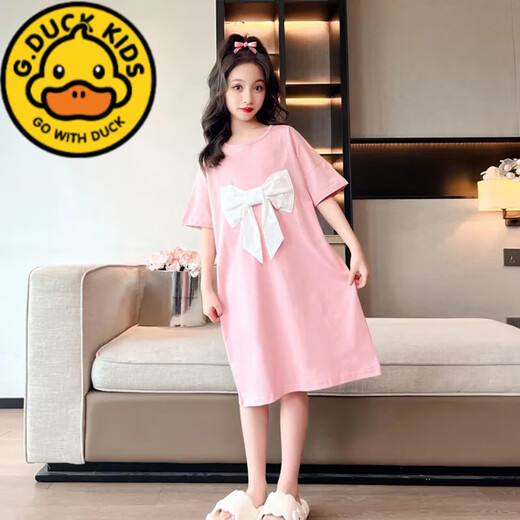 G.DUCKKIDS女童夏季冰丝睡裙公主风短袖薄款睡衣中大童女孩初中生宽松家居服 753 杏色短袖大蝴蝶结裙 160 cm 建议150-160cm10-12岁