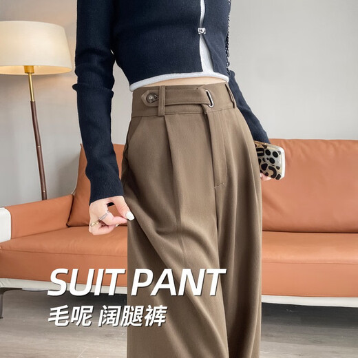 FHHUABD加厚毛加绒呢阔腿西装裤女宽松休闲保暖直筒小个子女装裤新款 灰加长 6636 XS