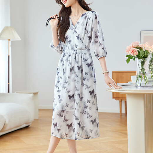 OLJ高档品牌连衣裙女2025年夏季新款感气质v领中袖印花雪纺裙子 黑蝴蝶 M