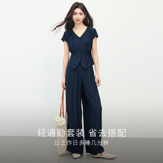 Xishi Sllsky Commuting Linen Lino V-Conta V Bandeo de patas anchas Conjunto de dos piezas 2025 Traje intelectual de verano Royal Blue L