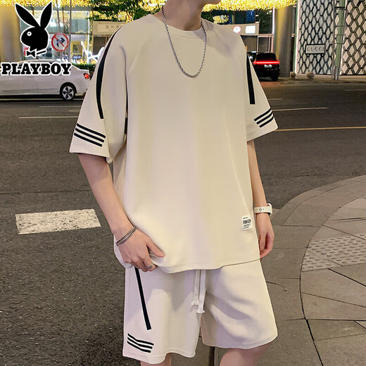 花花公子短袖t恤男士装夏季休闲青少年运动套装宽松半袖上衣服港风男装 10727/FKS653白色 XL 【建议130-150斤】