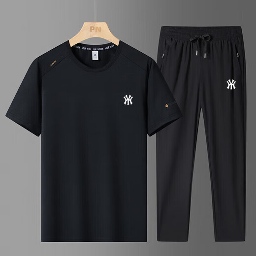 CZCM light luxury brand ice silk suit men's summer sports and casual new large-size round neck T-shirt quick-dry short sleeve shorts long white foot two-piece set 2XL 140-160Jin[Jin equals 0.5 kg]