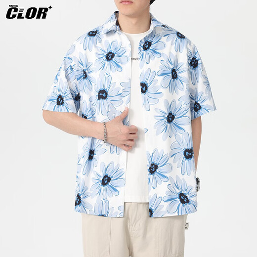 CLOR American ice silk shirt men's spring and summer printed short-sleeved shirt loose jacket CLCX11 Blue Rhyme Flower 2XL