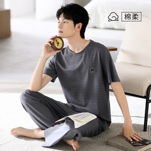 兰缪 (LAMIU)睡衣男款夏季男士纯棉短袖长裤三件套夏款硬朗家居服套装夏天 主图款LJF6621乌羽色条纹图标  4XL
