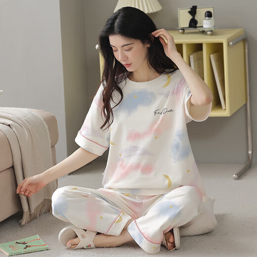 都市丽人夏季睡衣女士纯棉薄款短袖长裤学生可爱韩版套装春秋天宽松家居服 y9712 M 码建议75-95斤