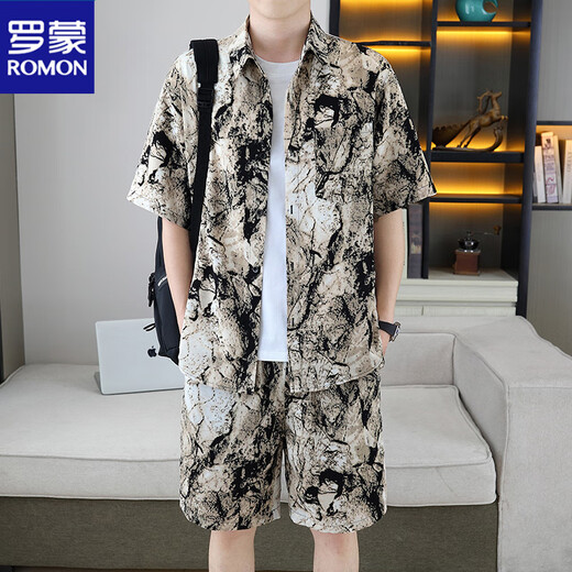 罗蒙（ROMON）痞帅衬衣一套男夏季冰丝套装高级感花衬衫短袖短裤沙滩两件套搭配 679白色套装 M 110斤以内