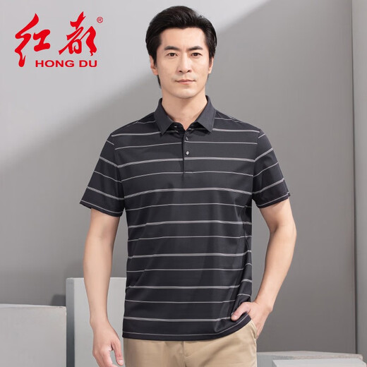 红都夏季新款男士短袖T恤商务休闲翻领簿款条纹微弹中年半袖t恤衫 咖色ta9226-2 均码 175/92A