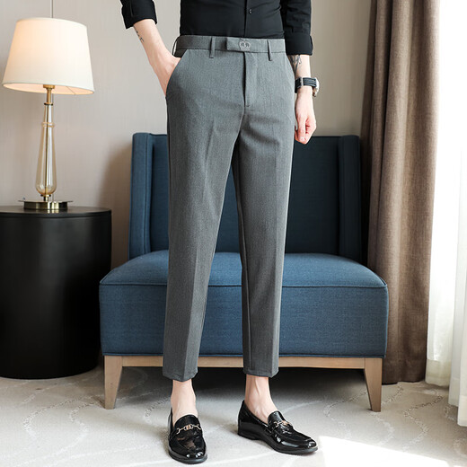 Jesons summer pants men's casual pants straight drooping pinnacle suit pants slim foot business casual pants trousers K723 black (crop pants) 32