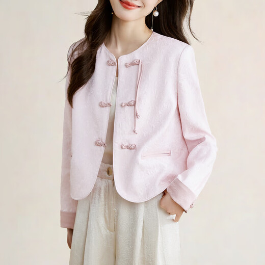 OLJ高档品牌短款外套女2025年春秋新款圆领新中式改良版国风时尚上衣 粉色 M