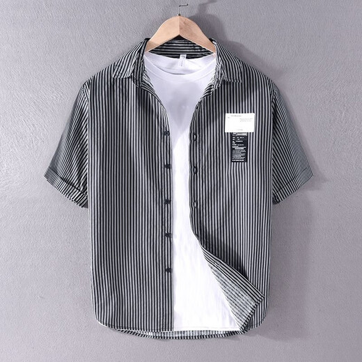 Camisa a rayas Septwolves para hombre, manga corta, verano, delgada, japonesa, retro, algodón puro, sin hierro, estilo coreano, camisa informal de media manga con etiqueta 9766 blanco arroz M adecuado para peso 110-125 Jin Jin equivale a 0,5 kg