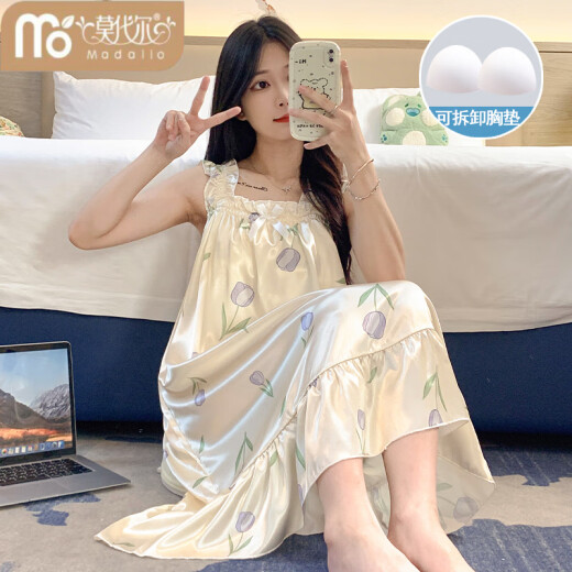 莫代尔睡裙女夏季自带胸垫冰丝凉感吊带睡衣夏天女士甜美可爱家居服春夏 3887【不可拆胸垫】 M 【75-100斤】