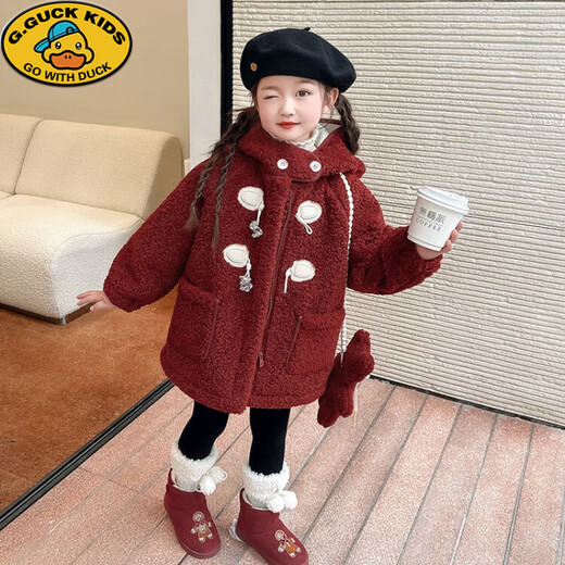 G.DUCKKIDS Mädchen-Lammwolljacke Herbst und Winter 2024, neuer Baby-Stil, plus samtverdickter Kinderpelzmantel, Winter, Angorarot, inklusive Tasche, 110 cm