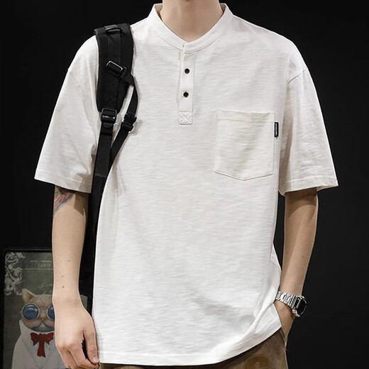 Kuraishi Kazuki fashion trend design POLO shirt men's short-sleeved summer new loose breathable cool Henry collar T-shirt top white L