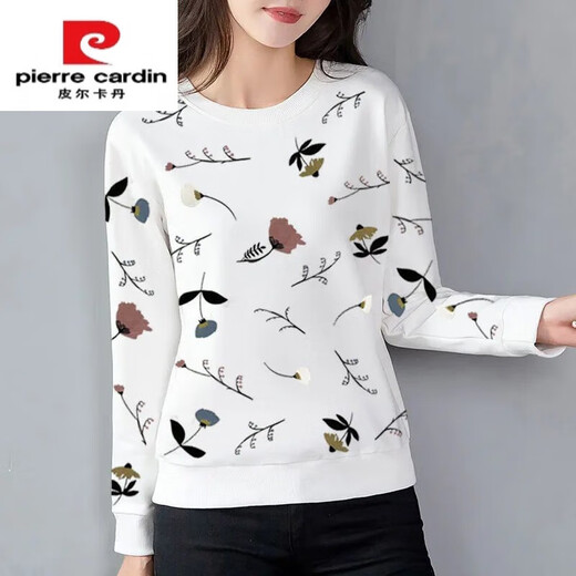 皮尔卡丹（pierre cardin）纯棉长袖T恤女秋冬薄款白色印花上衣女士宽松中年大码显瘦外套 E9227羽毛 M 【建议80-95斤】