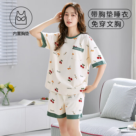 Qin Nuan brings breast pad pajamas for women short-sleeved shorts for summer high-quality cotton thin bra-free home clothing with chest pad short cover G1047 M for women [70-90Jin [Jin equals 0.5 kg]]