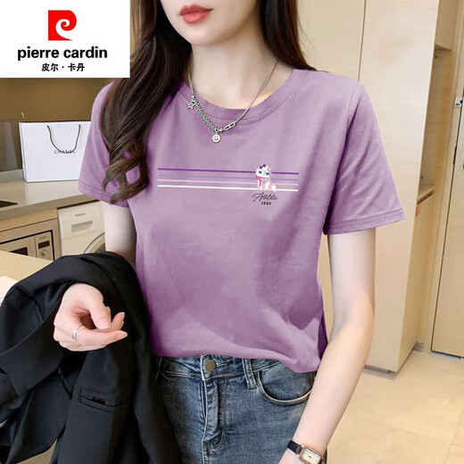 皮尔卡丹（PIERRE CARDIN）香芋紫色纯棉短袖t恤女宽松流行正肩洋气体恤夏装2025新款上衣潮 6172烟熏紫 短袖 M (建议80-105斤)