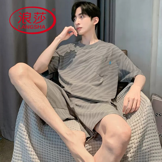 浪莎（LangSha）睡衣男夏季短袖短裤套装莫代尔薄款大码宽松家居服夏天新款可外穿 6198蓝莫代尔套装 L 90-120斤