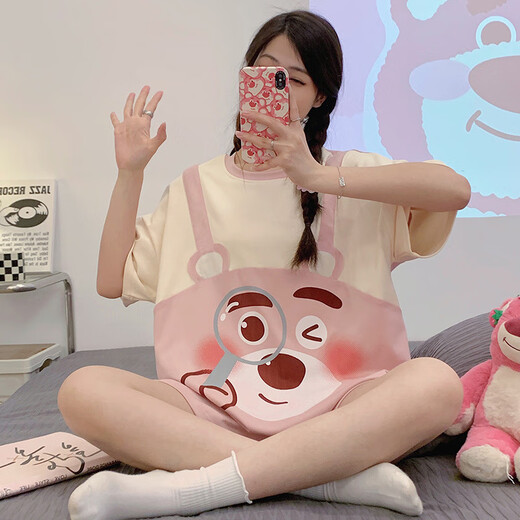 Xushansi summer pajamas for women thin students sweet shorts shorts for two-piece set for summer loose and can be worn casual home clothes 679 Green Dinosaur M Recommended 80-90Jin [Jin equals 0.5 kg]