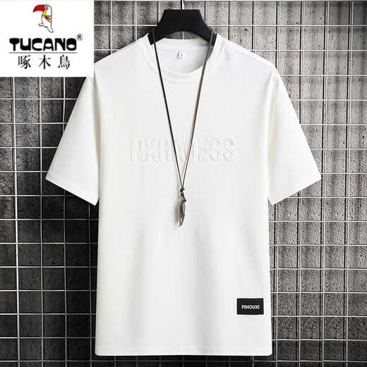 啄木鸟（TUCANO）冰丝男士短袖t恤夏季薄款简约钢印字母半袖宽松潮流百搭休闲体恤 829军绿 XL (约130-150斤可穿)