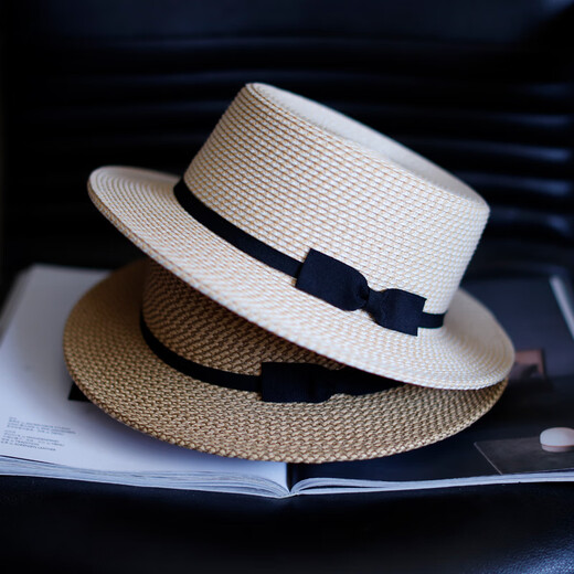 Tochino Japanese style straw hat women's summer sun hat flat brim small bow flat top hat sun protection beach hat vacation beige