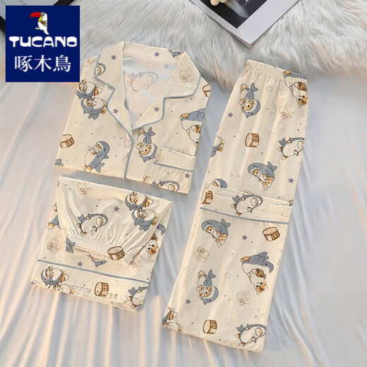
Woodpecker pajamas for women in summer short-sleeved pure cotton three-piece set cartoon cute shark student home clothes can be worn outside in summer #FS-three-piece set 14128 M [75-95Jin[Jin equals 0.5 kg]]