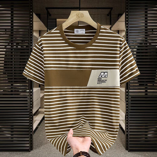 
Commander Bear 2025 short-sleeved T-shirt trendy striped men's versatile top white breathable sweat-absorbing cotton 9898 M