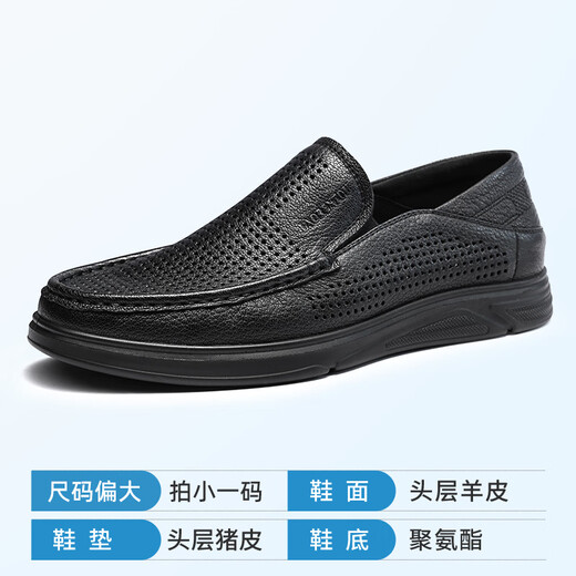 Old Man's Head (Laorentou) Sandalias de cuero huecas Sandalias para hombres Summer Investable Negocio transpirable Softy Daddy Bean Shoes Splol Sole Black LL12132_Sheepskin 38