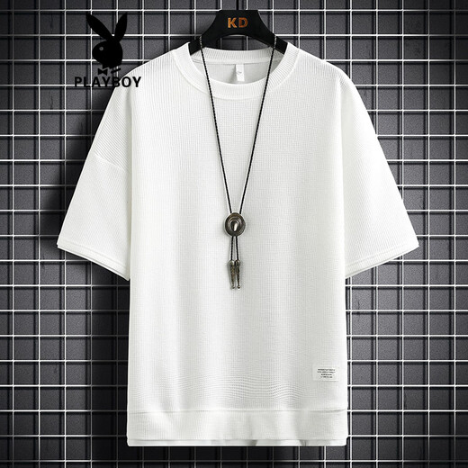 Playboy (Playboy) Herren-T-Shirt Kurzschlärmer Sommer Neues Stil FAKE TECHWAHL RUND HALKLOSE LOSSE HALFELETE T-SHIRT T-SHIRT WAFFLE CLASSIGE TOP 3880 GRÜN XL