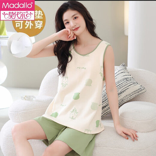 莫代尔带胸垫一体背心睡衣女夏舒适棉无袖大码家居服女生薄款可外穿套装 背心套装【带胸垫】F9856 L 女 建议100-120斤