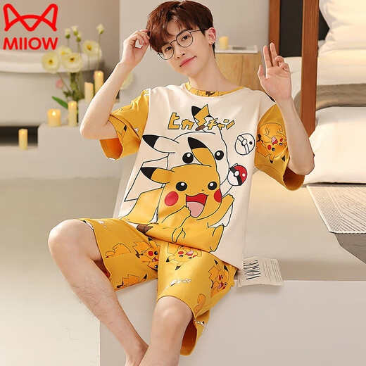 Catman (MiiOW) summer pajamas pajamas men short-sleeved pure cotton summer junior high school boys children boys 13-15-12 years old home clothes love short 1396 green little white men M teenage version (high 148, 60-70 Jin [Jin equals 0.5 kg])