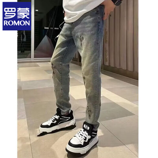 Romon Summer Fino Internet Celebrity Jeans para hombres, pantalones de Harem informales de pies delgados de moda y personalizados de moda 31 31