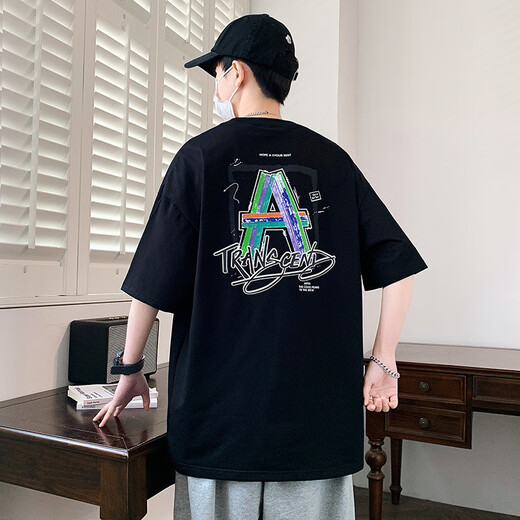 Aoji summer new short-sleeved T-shirt for boys trendy handsome loose version of teenagers W733-light blue M 80-95Jin [Jin equals 0.5 kg]